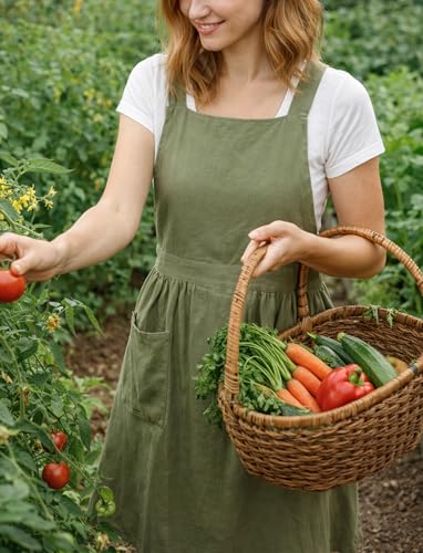 Cute Cotton Pinafore Aprons for Women with Pockets for Kitchen (Olive Green)