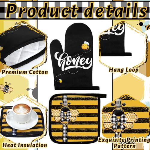 6 Plaid Bee Kitchen Towels Oven Mitts and Pot Holders Sets (Yellow and Black / Bee)