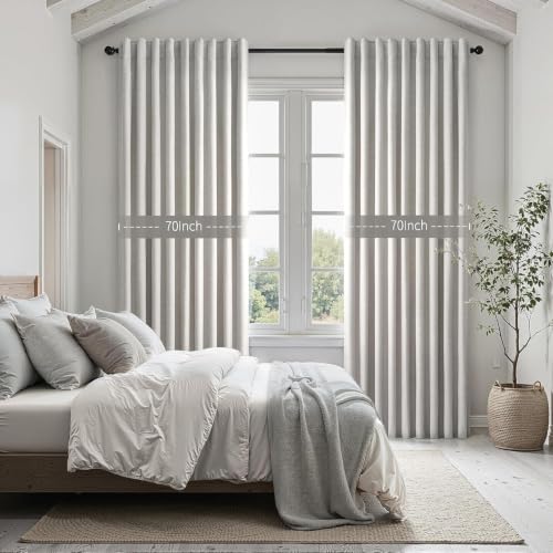 Linen Blackout Curtains 70 Inches Extra Wide 84 Inch Long for Living Room Grey Beige Room Darkening Back Tab Pleated Drapes for Bedroom Winter Thick Window Energy Efficient 70"W x 84"L 2 Panels (Grey Beige / 70"W x 84"L (Pack of 2))