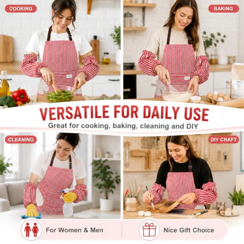 Waterproof Bib Apron Set with Sleeves (Red-striped)