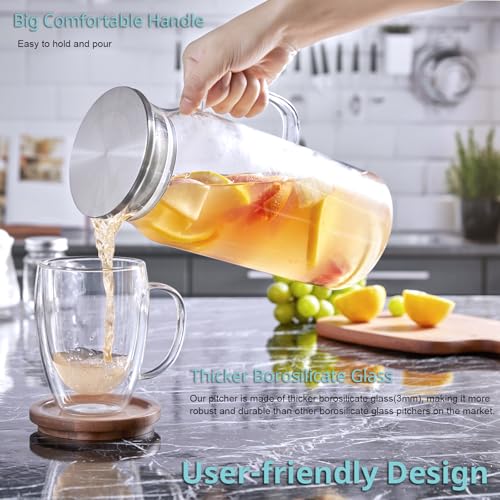2 Pack 2 Liter 68 oz 2.1 Qt Glass Pitcher with Lid and Handle (Clear / 68 Ounces (2 Pack))