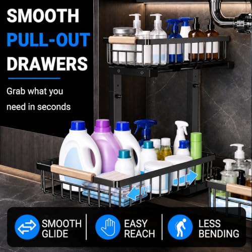 Under Sink Organizer 2 Pack (Black / 11.8"W x 15.9"D x 13.8-16.9"H)