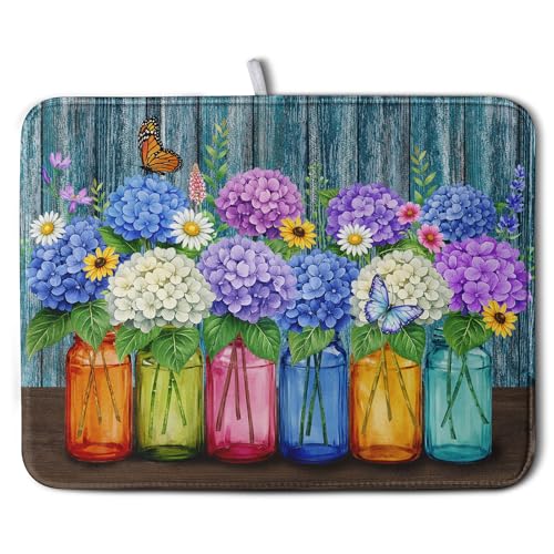 Hydrangea Dish Drying Mat Spring Summer Floral Jars Kitchen Drying Mats for Countertops Vintage Flower Vases Dish Draining Mat Microfiber Absorbent Dish Rack Pad 18x24 Inch (Hydrangea Blue / 18" x 24")