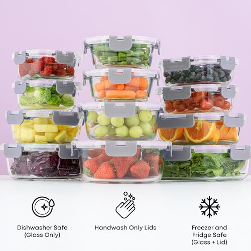 24pc Borosilicate Glass Storage Containers with Lids (Color Grey)