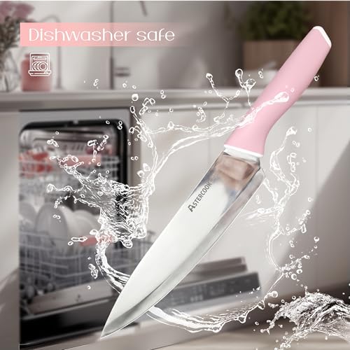 Knife Set Kitchen Knives Set with Block and Sharpener 15 Pcs German Stainless Steel Sharp Blade Dishwasher Safe with Ergonomic Handle (Crystal Pink)