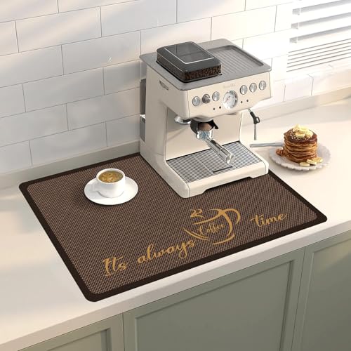 Coffee Bar Mat Hide Stain Rubber Backed Absorbent Drying Mat Modern Kitchen Drying Mat Easy Clean (Brown Grid / 19" x 12")