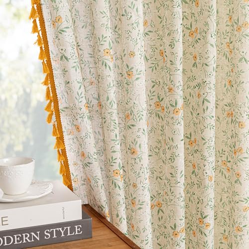 Floral Boho Linen Curtains 84 Inch Long 2 Panels Set with Yellow Tassels Farmhouse Vintage Semi Sheer Bohemian Living Room Bedroom Window Curtains Rustic Country Back Tab (Yellow and Green / 50"W x 84"L (Pack of 2))