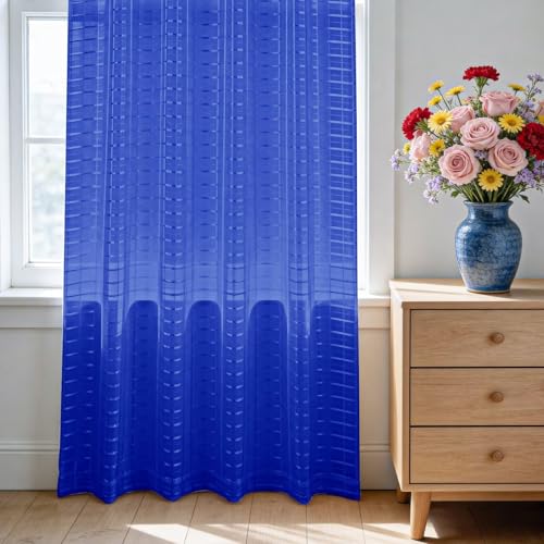 Check Sheer Curtains 45 Inches Long for Living Room (Check - Sapphire / 52"W x 45"L (Pack of 2))