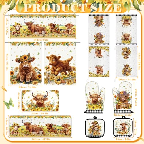 13 Pcs Sunflower Highland Cow Kitchen Curtains Valance Decor Set (Sunflower Highland Cow)