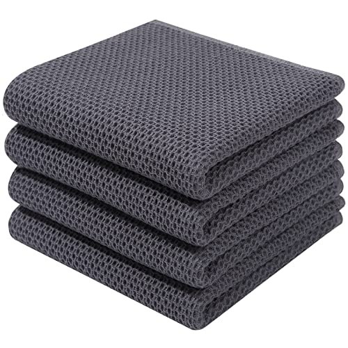 100% Cotton Waffle Weave Kitchen Dish Towels 4 (Dark Grey / 13 X 28 - 4 Pack)