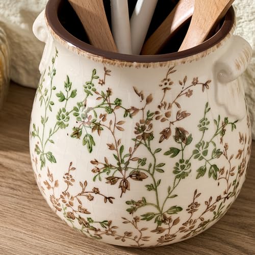 Utensil Holder for Kitchen Counter (Green and Beige- 2 Ears)