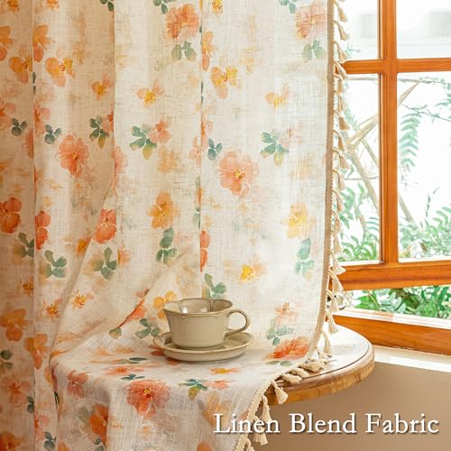 Floral Boho Linen Curtains 84 inch Long 2 Panels Set Farmhouse Vintage Orange Printed Semi Sheer Light Filtering Spring Window Drapes With Tassels Back Tab for Living Room Bedroom (Orange / 50"W x 84"L (Pack of 2))