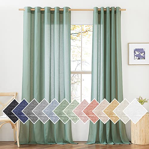Linen Curtains Flax Sheer Texture for Living Room (70"W x 96"L (Pack of 2) / Olive Green)