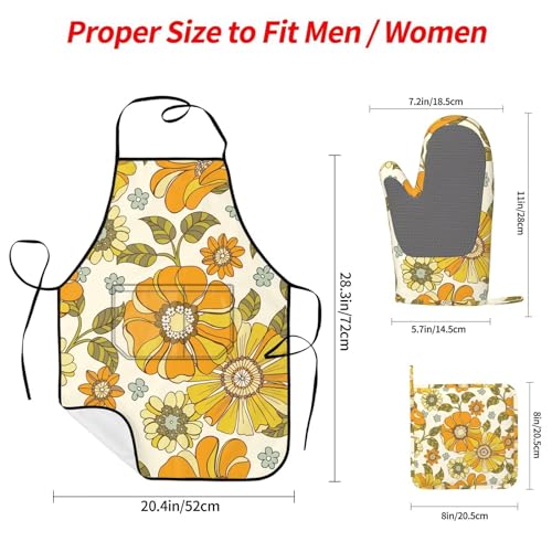 Retro 70s Style Flower Oven Mitts Pot Holders Cooking Apron Set of 5 Silicone Kitchen Glove Apron Non (Yellow)