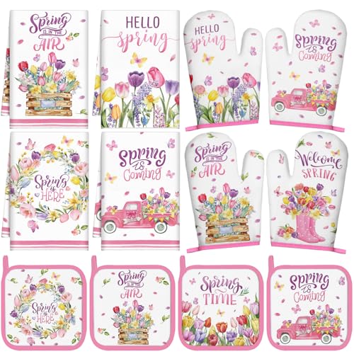12 Pcs Spring Kitchen Accessories Set Floral Kitchen Towels Oven Mitts and Pot Holders (Spring Tulip)