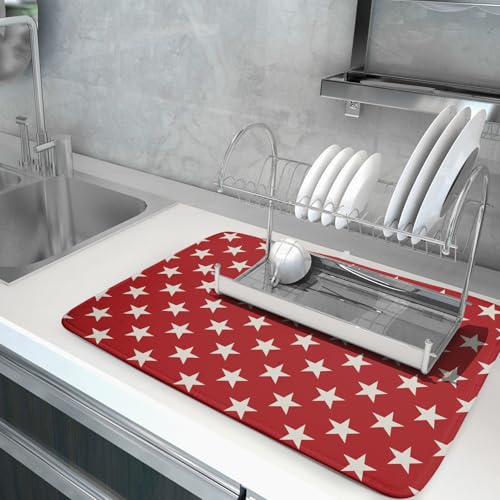 Patriotic July of 4th Red Star Dish Drying Mat for Kitchen Counter 18x24 Memorial Independence Day Absorbent Reversible Microfiber Drying Mats Kitchen Countertop Protector Dishes Drainer Rack Pad