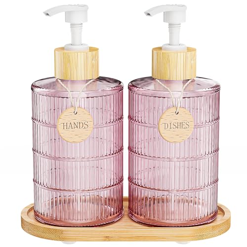 Soap Dispenser Set with Bamboo Tray (Pink&bamboo)
