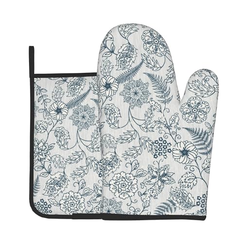 Blue Floral Oven Mitts Set (Vintage Blue White Floral)