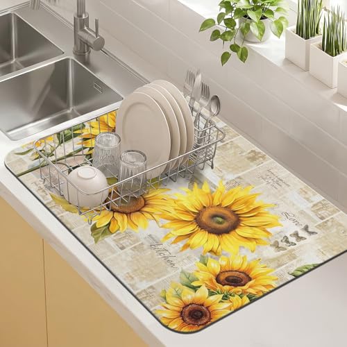 Sunflower Kitchen Countertop Dish Drying Mat (Yellow / 23" x 15")