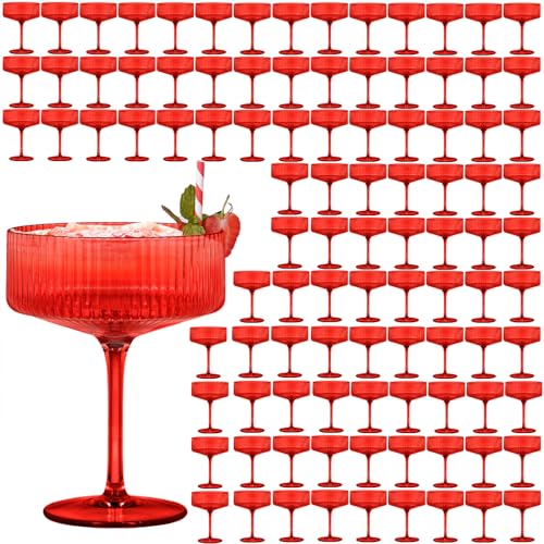 100 Pieces Martini Glasses 10.5oz Plasitc Ribbed Coupe Glasses Champagne Shatterproof Acrylic Vintage Cocktail Glassware Margarita Wine Glasses Disposable Cups for Parties Wedding Anniversary Bar Red (Red / 100 PCS)
