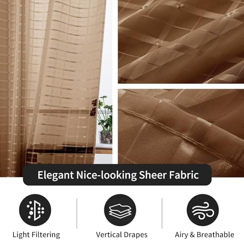 Check Sheer Curtains 96 Inches Long for Living Room (Check - Brown / 52"W x 96"L (Pack of 2))