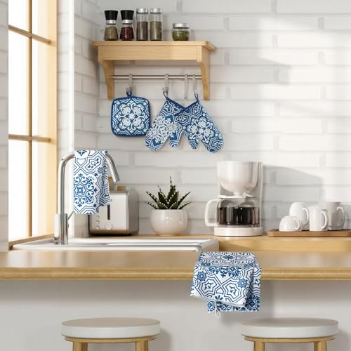 6 Pcs Kitchen Decor Set Accessory Farmhouse Kitchen Towels Pot Holders Oven Mitts Set 2 Dish Towels 2 Pot Holders 2 Cooking Mittens Oven Glove for Cooking (Blue,white / Chinoiserie Printed)