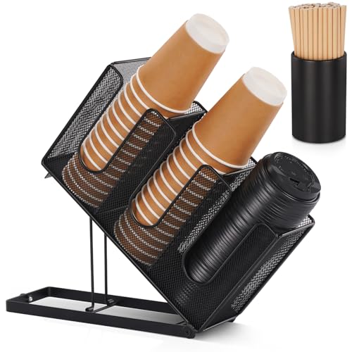 Paper Cup and Lid Holder with Straw Organizer for Coffee Station