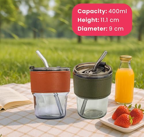 2 pcs Glass Tumbler with Straw and Lid 13 oz (2pcs Leather & Olive)