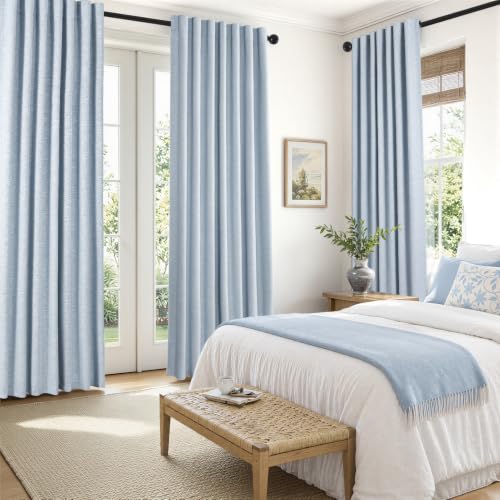 Light Blue 120 Inch Blackout Linen Curtains 2 Panel Set for Living Room Darkening Thick Linen Textured 100% Black Out Drapes 120 Inches Long Back Tab Light Blocking Bedroom for Babys Kids (Chambray Blue / 52"W x 120"L (Pack of 2))