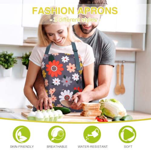3 Pack Floral Aprons with Pocket (Red, Pink, Yellow)
