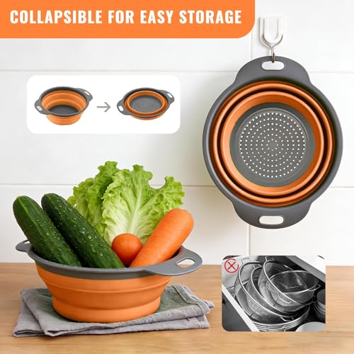 2 Pack Collapsible Silicone Colander with Handle (Orange / Standard)