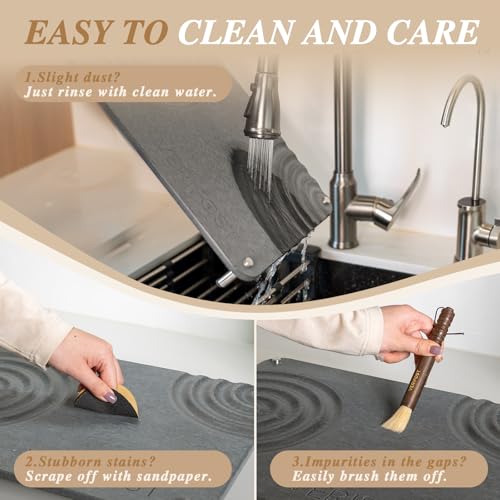2 Pcs Large Gray Stone Dish Drying Mat with Acacia Wood Holder Stand for 1 Inch Cutting Board and Fast Stone Drying Mat for Kitchen Counter with Non (Acacia Holder Midnight Gray)