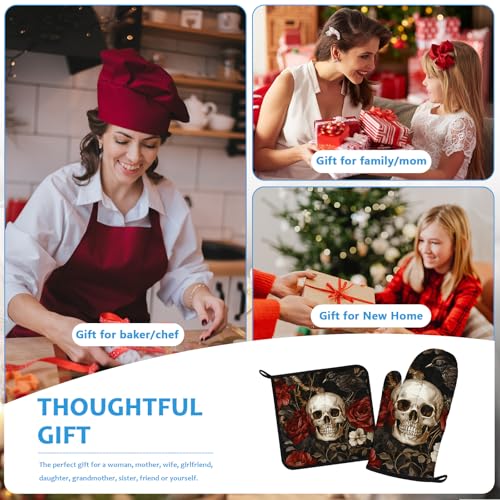 Halloween Skull Rose Crow Oven Mitts and Pot Holders Sets Heat Resistant 4Pcs Potholders Oven Gloves Hot Pads for Kitchen Baking Cooking Grilling BBQ (Skull Rose Crow)