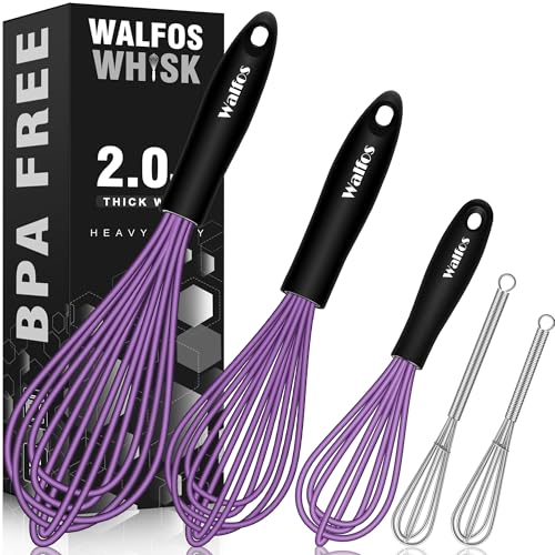 Whisk Silicone Whisks Set of 5 (5pcs Purple + Stainless Steel;7+9+11in & 5+7in)