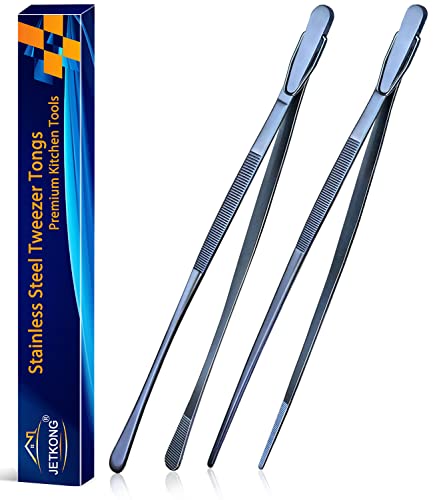 2 Pcs 12 Inch Cooking Tweezer Tongs Stainless Steel Kitchen Tweezers Plating Tongs (12+12 Inch / Navy Blue)