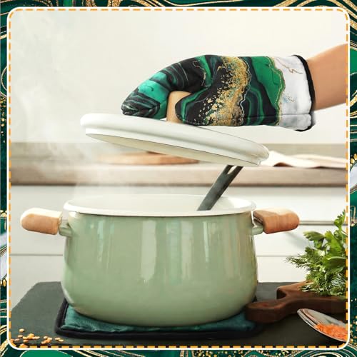 8 Pcs Green and Gold Marble Kitchen Towels and Dishcloths Sets Oven Mitts and Pot Holders Absorbent Kitchen Gloves Potholders Heat Resistant for Chef Baking Cooking (Classic / Green)