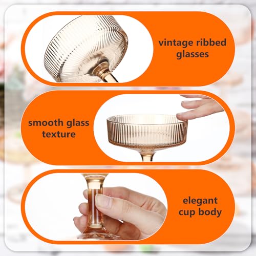 12 Pcs Ribbed Vintage Coupe Glasses 7 oz Martini Glasses Champagne Coupe Classic Cocktail Glassware Reusable Ribbed Glassware for Cocktail Martini European Style (Champagne Pink)