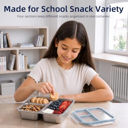 4 Pack 3 Compartment Stainless Steel Snack Containers with Lids for Kids