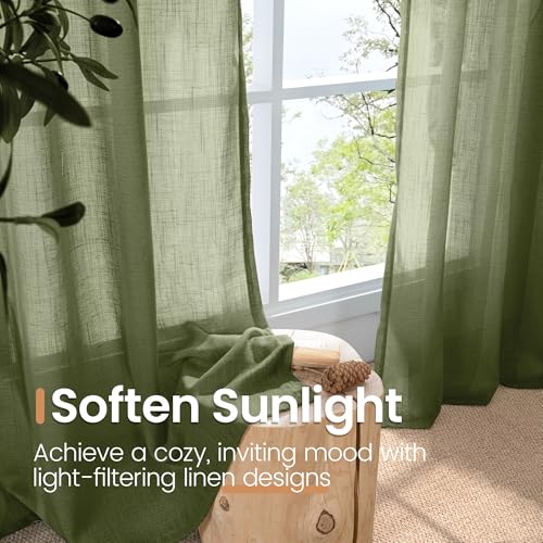 Green Linen Curtains 48 Inches Long for Short Bedroom (Olive Green / 42"W x 48"L (Pack of 2))