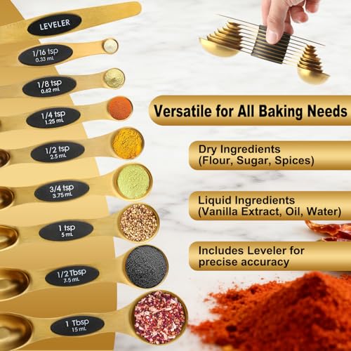 Gold Magnetic Measuring Spoons Set Stainless Steel with Leveler (Gold)