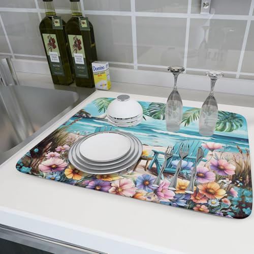 Spring Summer Sea Chair Dish Drying Mat for Kitchen Counter (18" x 24")