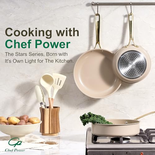 Ceramic Frying Pan with Stainless Steel Handle 5Pcs Set (Taupe and Light Gold)