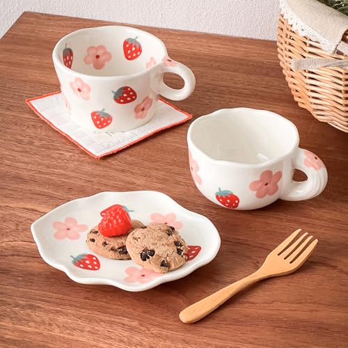 Coffee Mug with Saucer Ceramic TeaCup Unique Coffee Mugs for Women (Strawberry S)