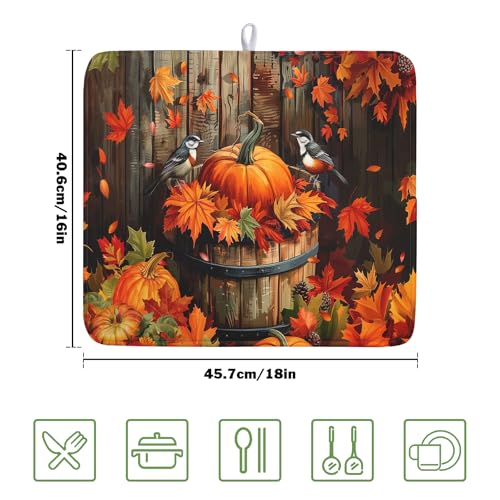 Fall Pumpkin Dish Drying Mat for Kitchen Counter Autumn Pumpkin Dish Mats for Drying 16x18 Inch Kitchen Decor Reversible Absorbent Microfiber Fall Thanksgiving Dishes Pad for Coffee Bar Accessories (Autumn Maple Leaves style / 16" x 18")