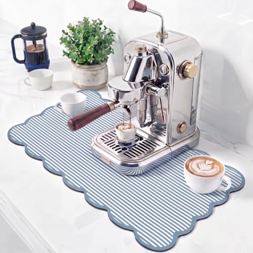 Blue Ticking Stripe Scalloped Coffee Mat 12" x 20" Bar Mat (Blue / Ticking Stripe)