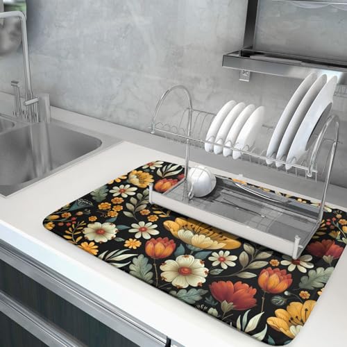 Vintage Boho Floral Dish Drying Mat for Kitchen Counter (18" x 24")