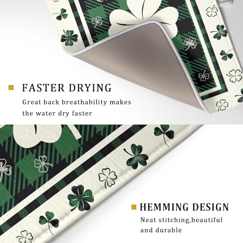 Patrick Clovers Dish Drying Mat 18"x24" Lucky Shamrock Spring Leaf Dish Drainer Mats Green Black Buffalo Plaids Absorbent Microfiber Dish Drying Pad for Kitchen Countertop Large Decor (24" x 18")