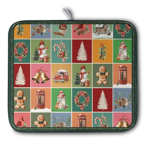 Christmas Dish Drying Mats for Kitchen Counter Cute Xmas Holiday Dish Drainer Pad Microfiber Absorbent Winter Dish Draining Mat Washable Dish Drainer Rack Mat Medium 16x18 Inch (Christmas-c / 16" x 18")