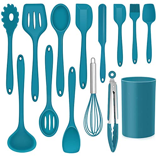 14 Pcs Silicone Kitchen Cooking Utensils Set with Holder (Dark Blue)