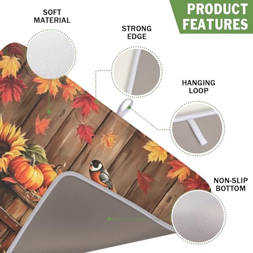 Fall Pumpkin Dish Drying Mat for Kitchen Counter Thanksgiving Autumn Harvest Pumpkin Microfiber Dish Drainer Mat Rustic Farmhouse Absorbent Washable Drying Pad 16"x18" (Fall Pumpkin / 18" x 16")